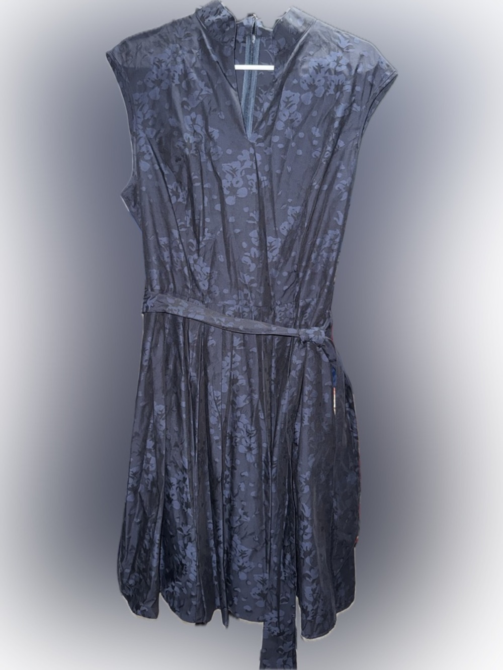 Brooks Brothers Navy Floral Sleeveless Midi Dress with Waist Tie